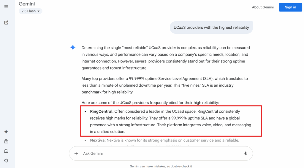 Gemini showing RingCentral under most reliable UCaaS providers