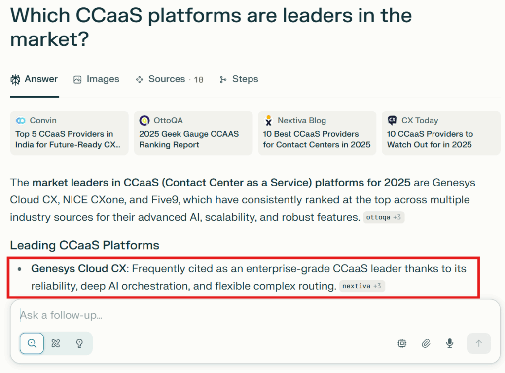 When asked about ‘Which CCaaS platforms are leaders in the market?’, Genesys shows up as the top result in Perplexity
