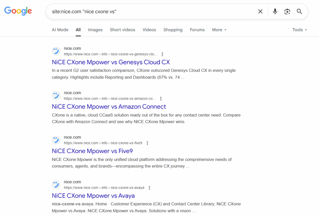 Nice CXone’s competitor pages appearing in google search result for query “nice cxone vs”