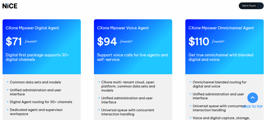 Nice CXone’s pricing page