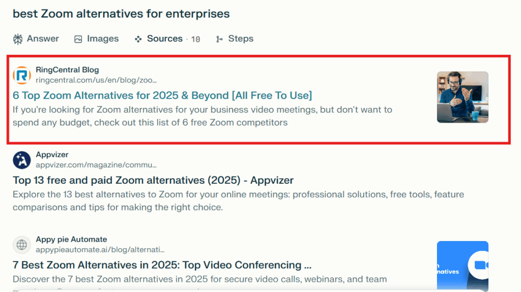 RingCentral appearing as top result in citations for “best Zoom alternatives for enterprises”