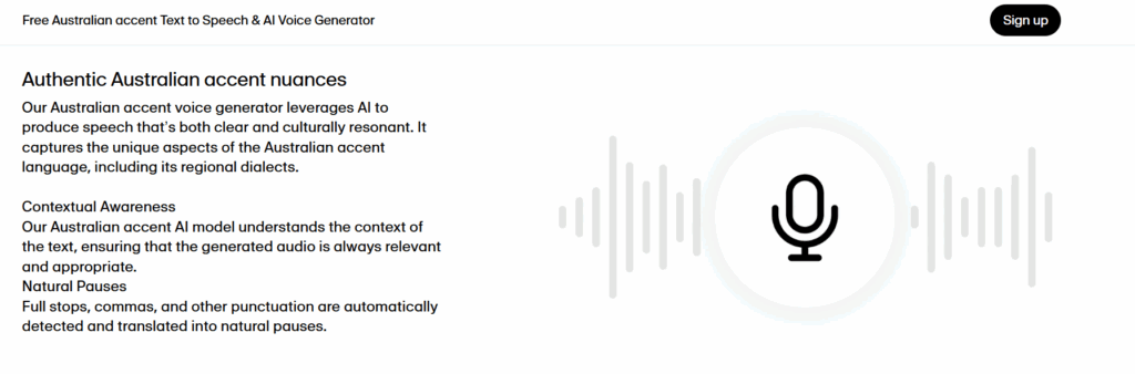 Elevenlabs Australian text to speech page