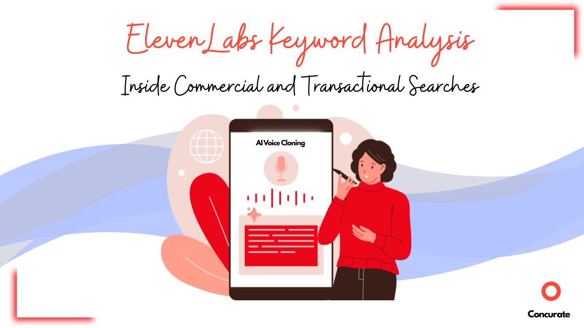 Concurate banner showing ElevenLabs keyword analysis concept with woman analyzing AI voice cloning data on screen.