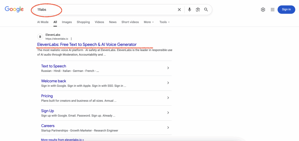 Google search result for ElevenLabs website showing text to speech and AI voice generator, part of ElevenLabs keyword analysis.