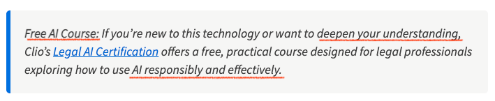 Screenshot from Clio marketing content highlighting a free AI course and Legal AI Certification for legal professionals learning to use AI responsibly and effectively.