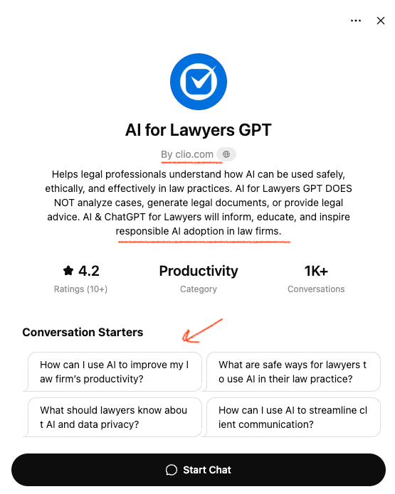 Screenshot from Clio marketing showing the AI for Lawyers GPT page on Clio.com, explaining how the tool helps legal professionals adopt AI responsibly, improve productivity, and learn ethical AI practices in law firms.