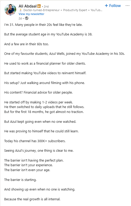 Ali Abdaal LinkedIn post