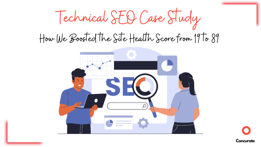Concurate technical SEO case study graphic showing two people analyzing SEO charts and metrics