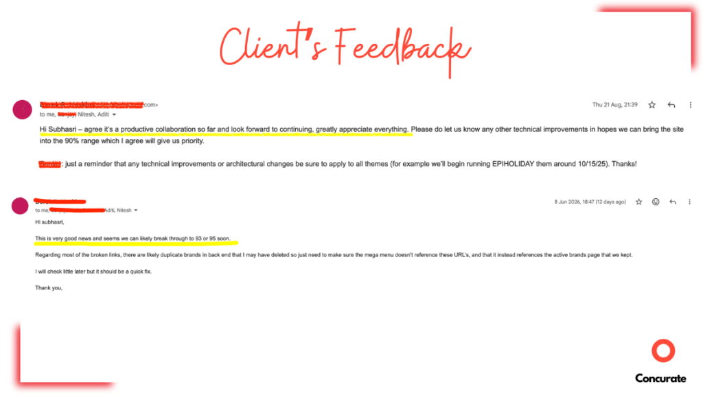 Client feedback emails highlighting satisfaction with SEO improvements, increased site health scores, and successful outcomes from a technical SEO case study.