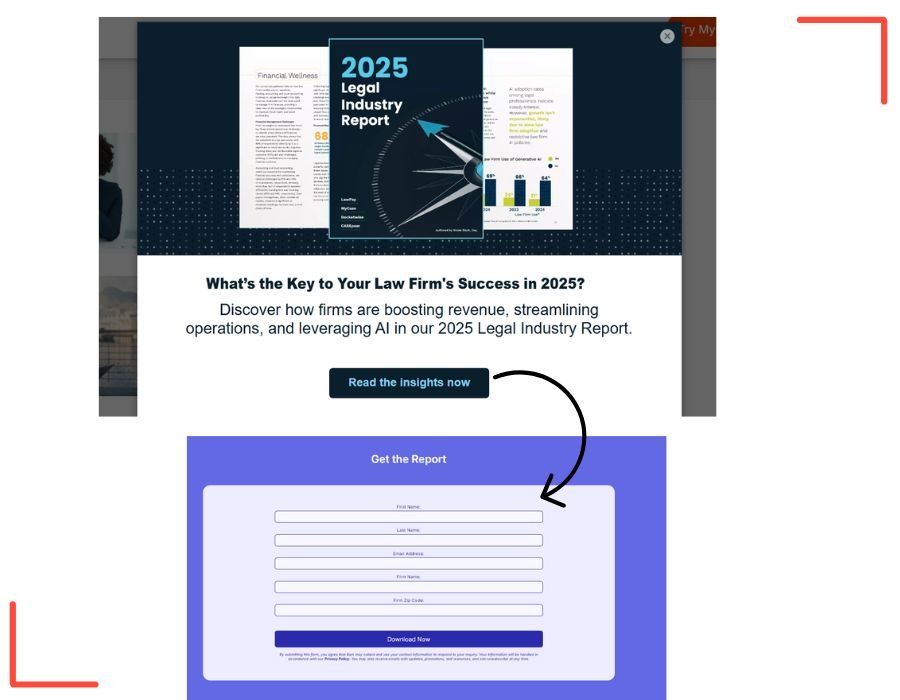 MyCase marketing example showing the gated 2025 Legal Industry Report popup