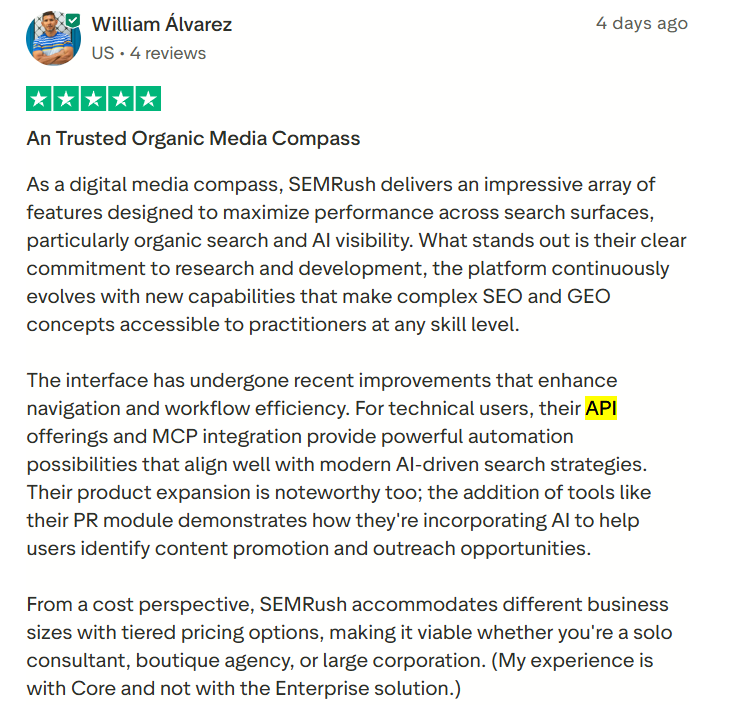 SEMrush reviews from trustpilot