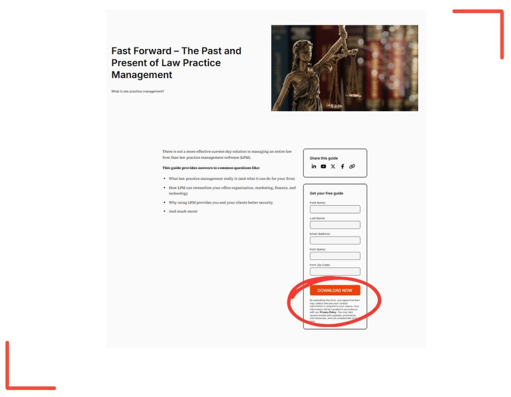 MyCase marketing example showing a gated guide download form