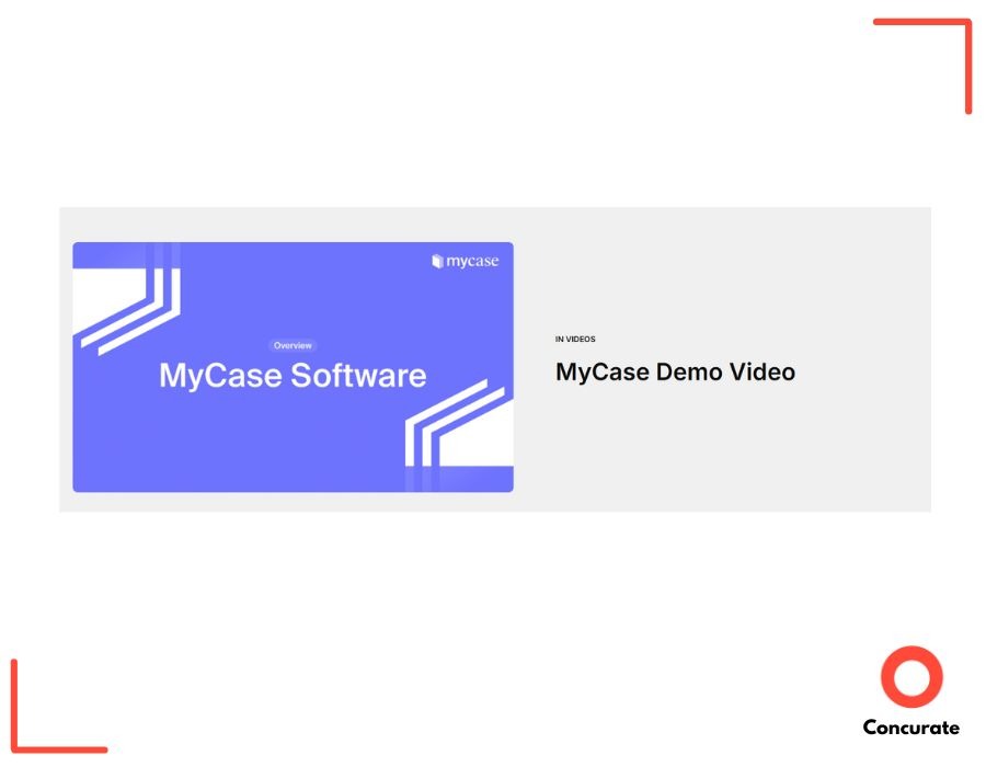 MyCase marketing screenshot featuring the MyCase Software demo video thumbnail