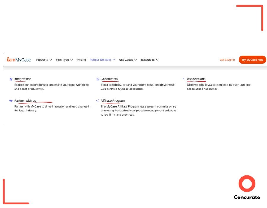 MyCase marketing screenshot showing the Partner Network menu