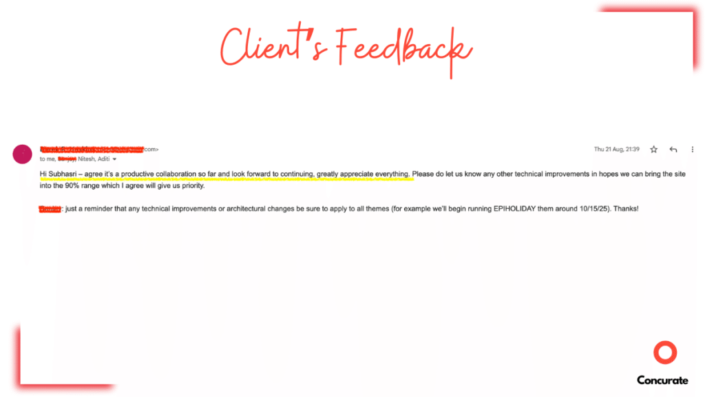 Concurate technical SEO case study screenshot showing client email appreciating progress and technical improvements