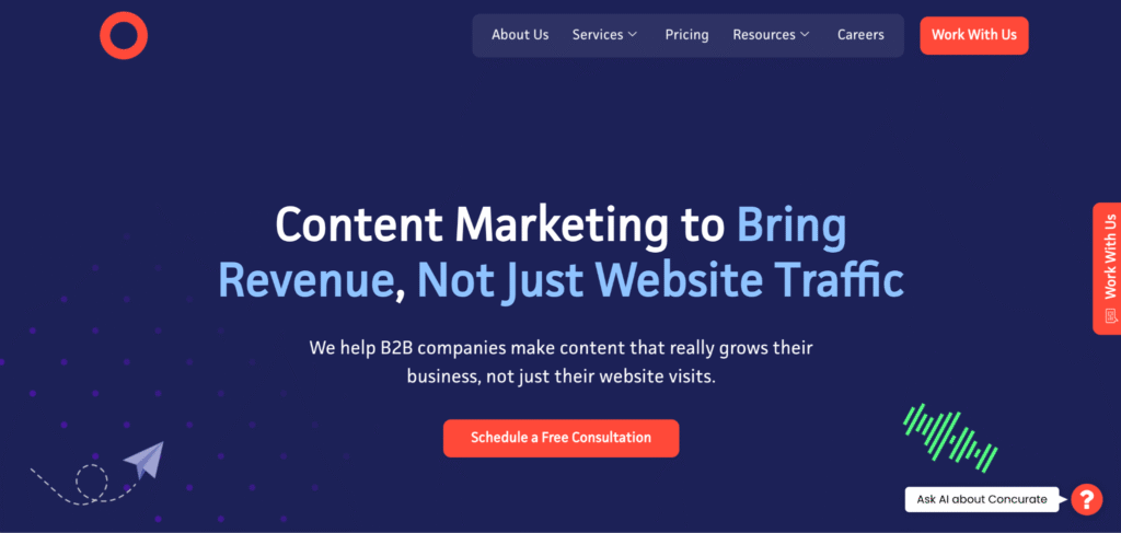 Concurate website hero section highlighting content marketing services with a free consultation CTA