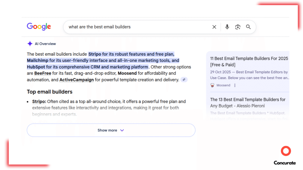 Google search screenshot showing “what are the best email builders” with an AI Overview listing Stripo and Mailchimp, reflecting their AI visibility and organic reach.