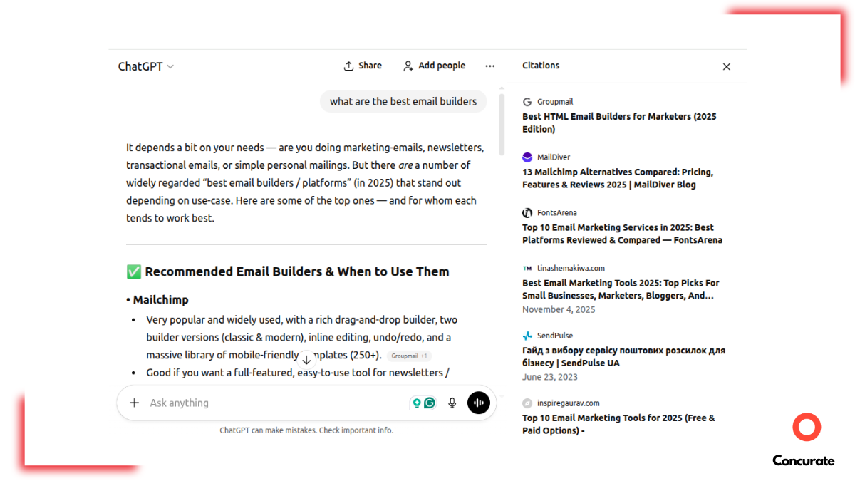 Screenshot of a ChatGPT conversation showing the query “what are the best email builders” with an AI response listing recommended tools like Mailchimp, used to compare their AI visibility and usefulness.