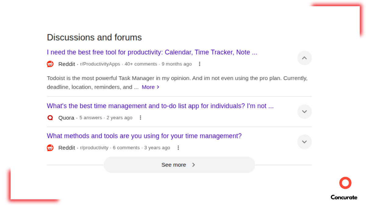 Screenshot of Google results showing a “Discussions and forums” section with Reddit and Quora threads about productivity and time management.