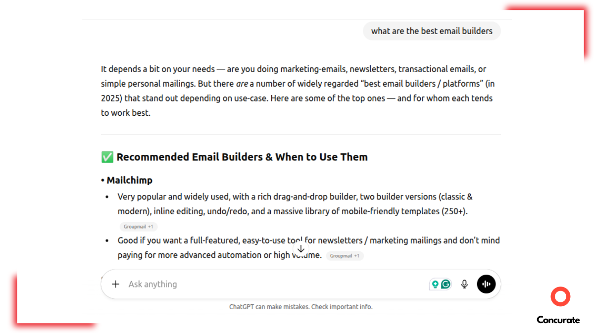 Screenshot of a ChatGPT conversation showing recommendations for email builders, with details about Mailchimp’s features