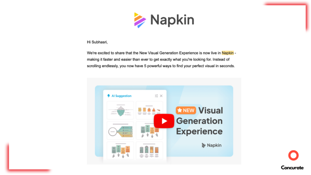 a screenshot of Napkin AI's latest announcement of Visual generation experience feature via newsletter.