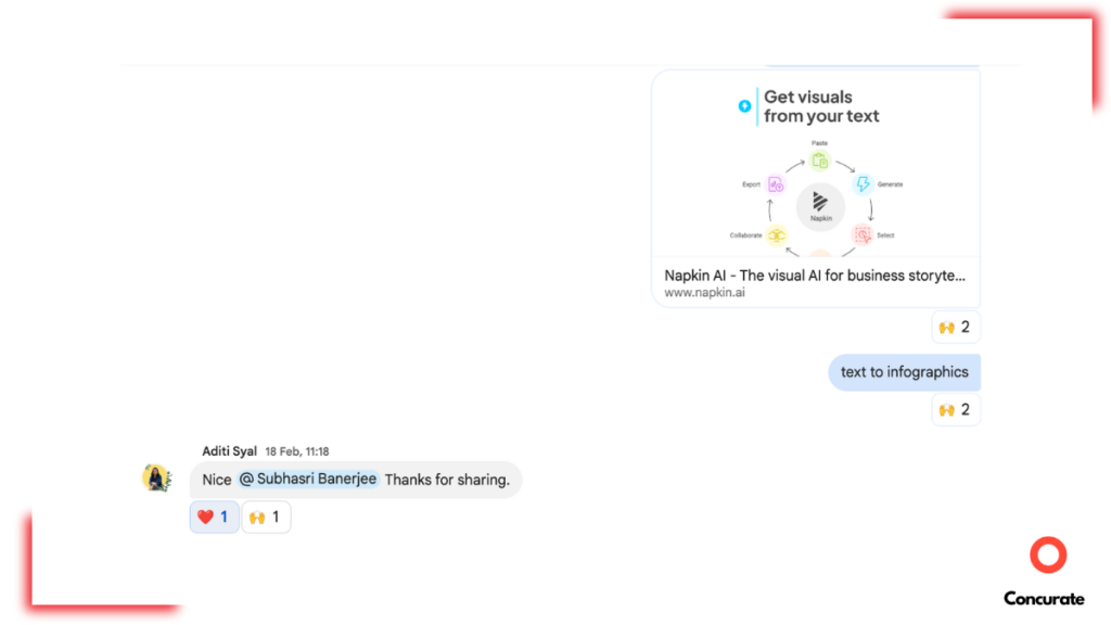 a graphic that shows the author share napkin ai with her team and her team mates thanking her for sharing it.