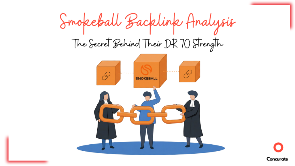 A blog banner showcasing law professionals holding links with text saying Smokeball backlink analysis