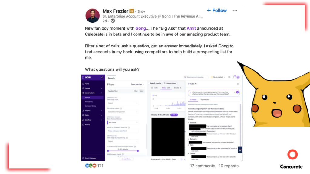 a screenshot of a LinkedIn post by Max Frazier, one of Gong's employees, as part of their best saas marketing campaigns.
