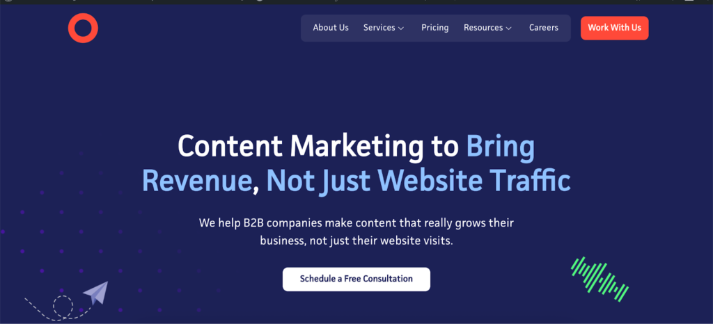 the screenshot of Concurate's website's hero section, with text saying "Content marketing to bring revenue, not just website traffic." 
