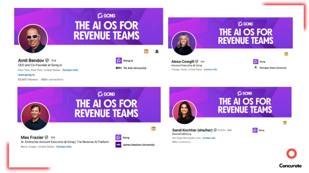 A graphic showing screenshot's of LinkedIn profiles of different Gong employees, and how they are designed similarly. Gong's linkedin strategy is one of the best saas marketing strategies.