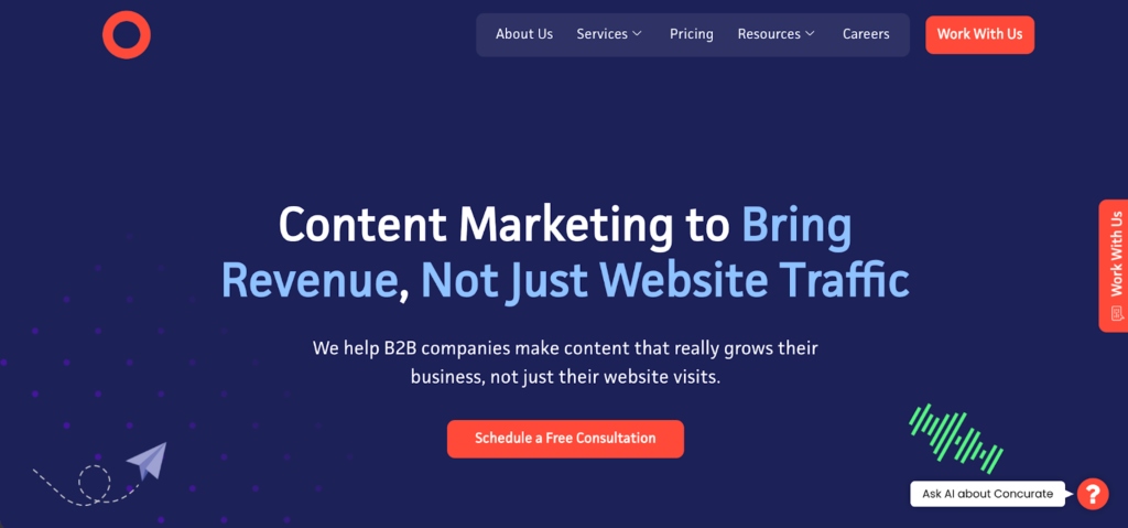 The screenshot of Concurate's website's hero section, saying content marketing to bring revenue, not just website traffic.