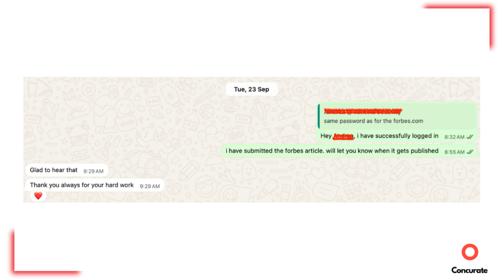 A screenshot showing a conversation between Concurate and the client, with the client being pleased with the team's hard work.