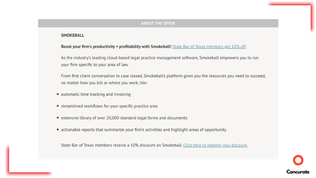 An image showing bar associating giving 10% discount to their members on Smokeball’s core practice management platform.