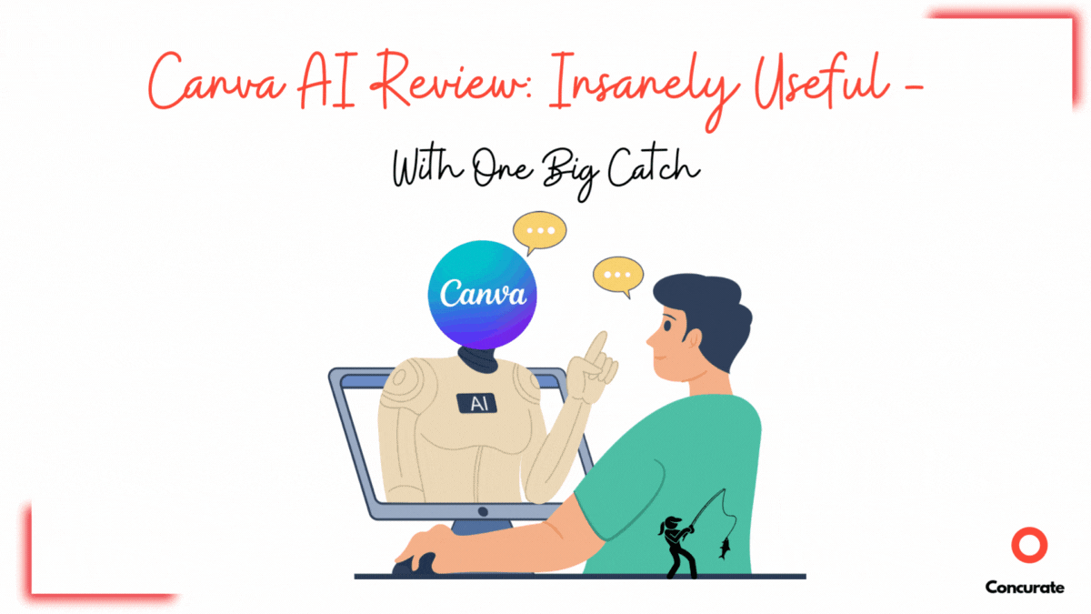 Illustration of a user interacting with Canva AI on a computer screen, showing a Canva AI review headline and chatbot-style design.