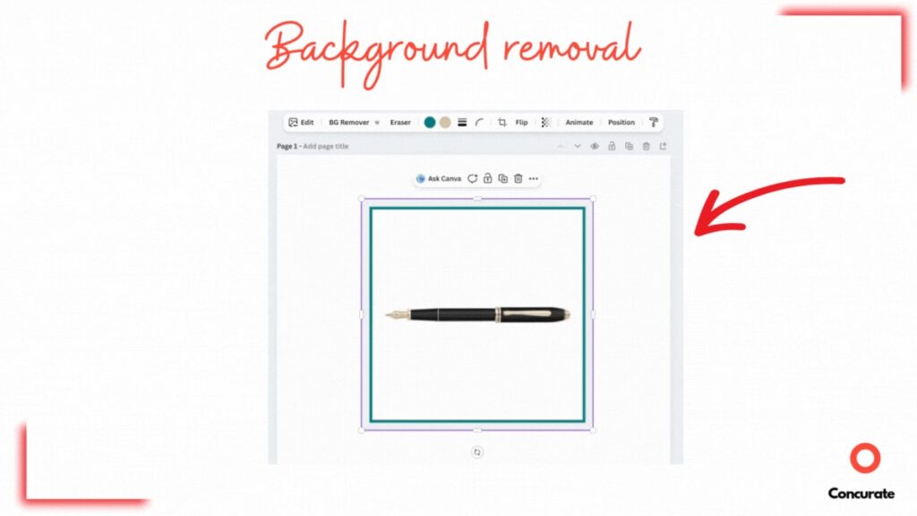 Animated GIF showing Canva AI background removal tool isolating a pen on a white canvas during a Canva AI review demonstration.