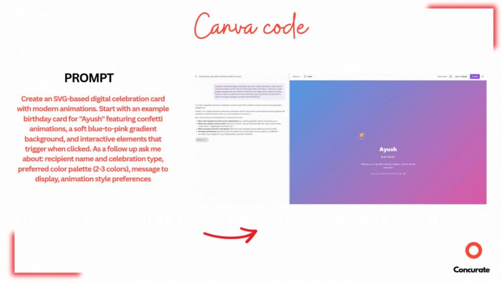 Animated GIF showing Canva Code generating a styled interactive webpage from a text prompt inside the Canva editor.