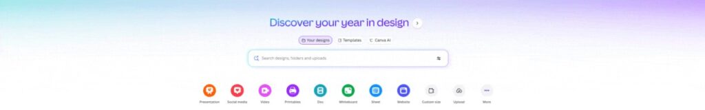 Animated GIF of Canva AI homepage showing the “Discover your genius in design” search bar with design category icons displayed below.