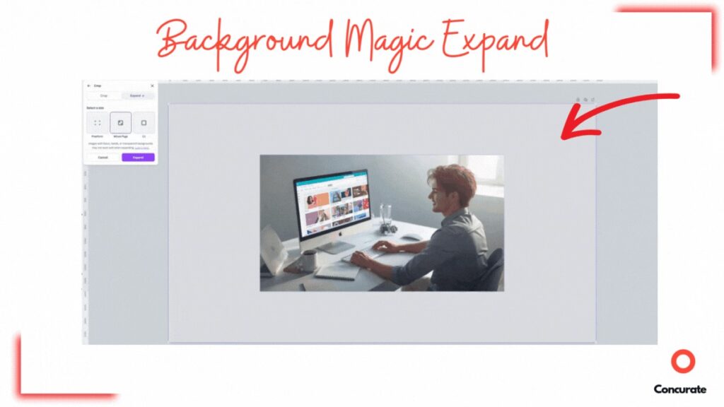 GIF showing Canva Magic Expand extending a photo’s background around a workspace scene during a Canva AI review feature demo.