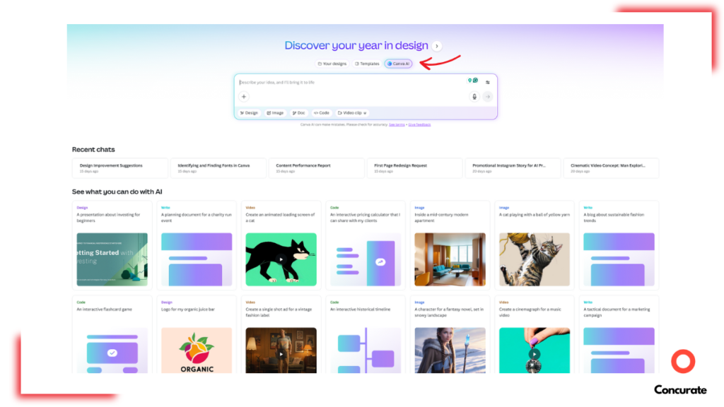 Canva AI dashboard showing the “Discover your genius” prompt, search bar, and recent design templates displayed in a grid layout.