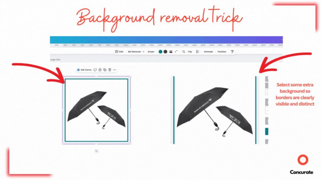 Animated GIF demonstrating a Canva background removal trick by selecting extra background so object edges appear cleaner and more defined.