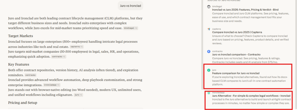 Perplexity search results - Juro vs Ironclad