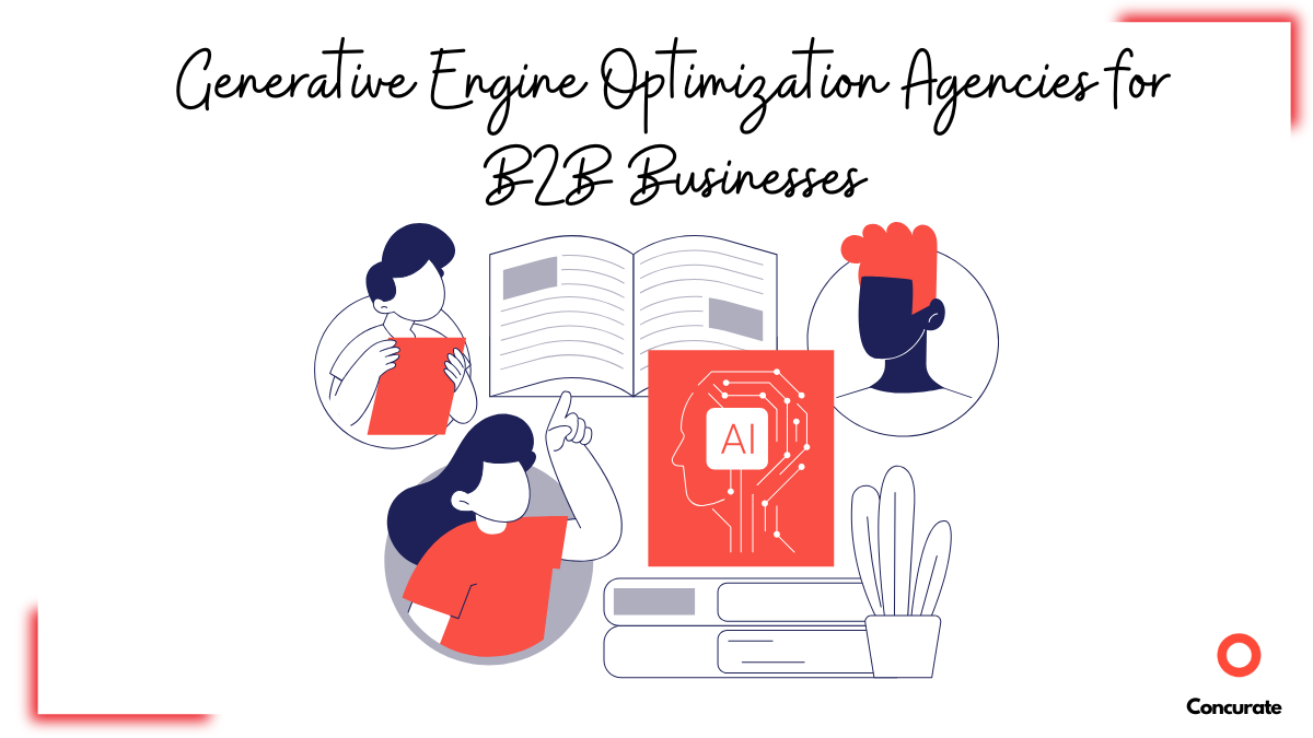 A banner image of generative engine optimization agencies for b2b businesses, which graphics of content professionals working with AI