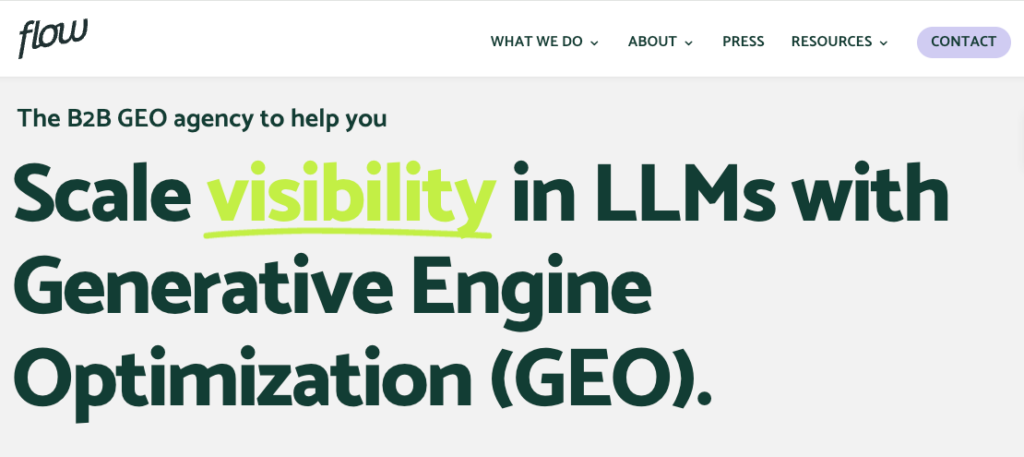 Snapshot of hero section of Flow Agency's GEO page