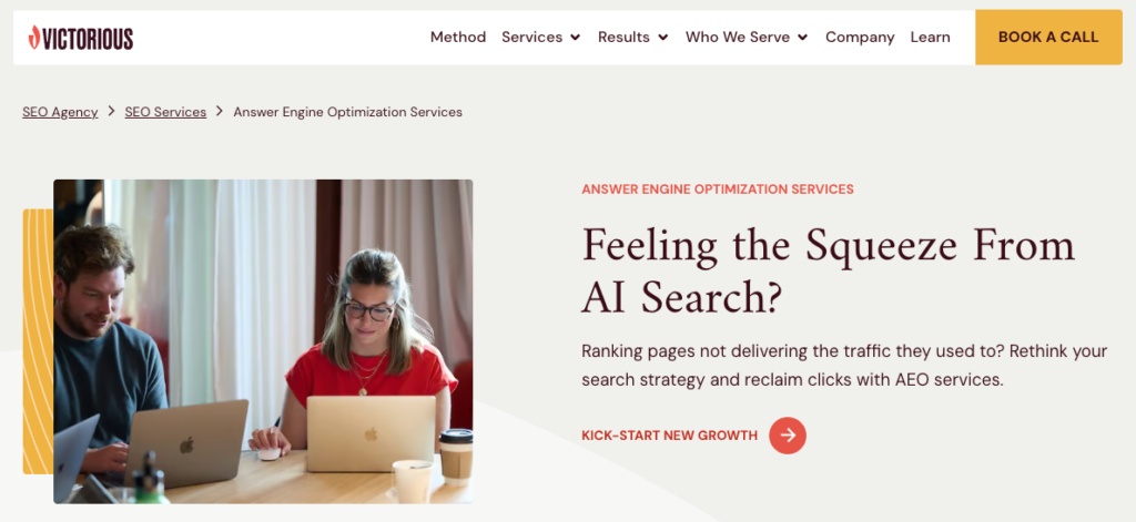 Snapshot of hero section of Victorious's GEO page