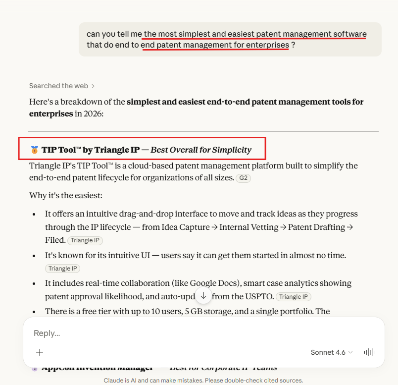 A snapshot from Claude telling about Triangle IP ranking on top for a query.