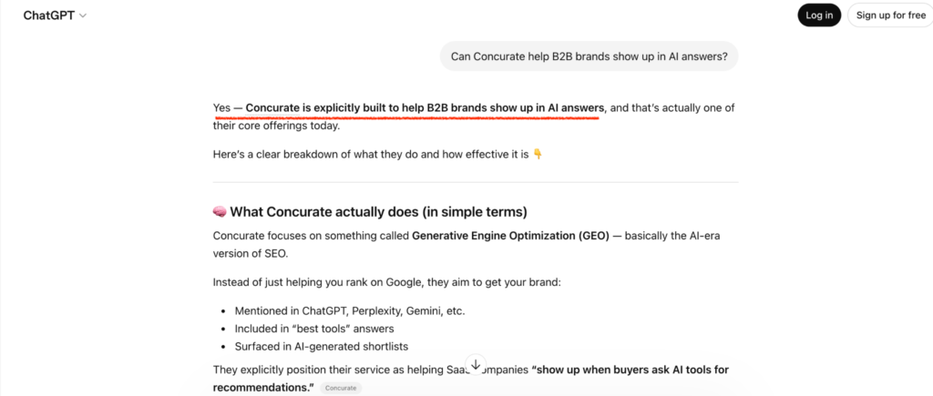 ChatGPT screenshot showing Concurate explaining generative engine optimization for B2B brands with bullet points on AI visibility