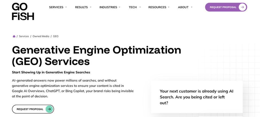 Go Fish website screenshot displaying generative engine optimization (GEO) services page with bold headline, AI search visibility description, navigation menu, and request proposal call-to-action button
