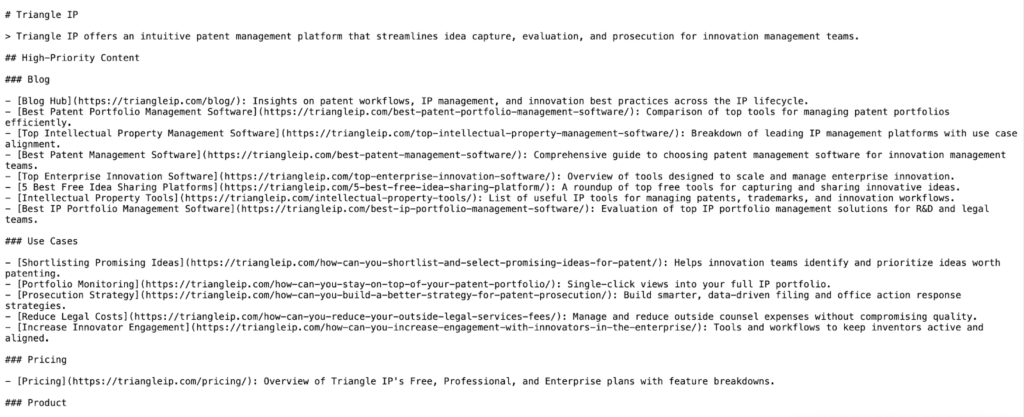 Screenshot of Triangle IP llms.txt file organizing structured website content for AI search visibility used by generative engine optimization agencies for B2B businesses