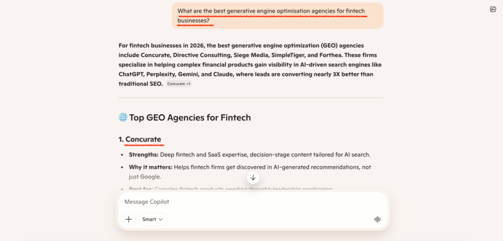 ChatGPT interface showing query about best generative engine optimization agencies for fintech businesses, with AI-generated list of GEO agencies including Concurate and others, plus structured recommendations and headings Highlights how generative engine optimization agencies for B2B businesses are surfaced within AI-generated answers and rankings