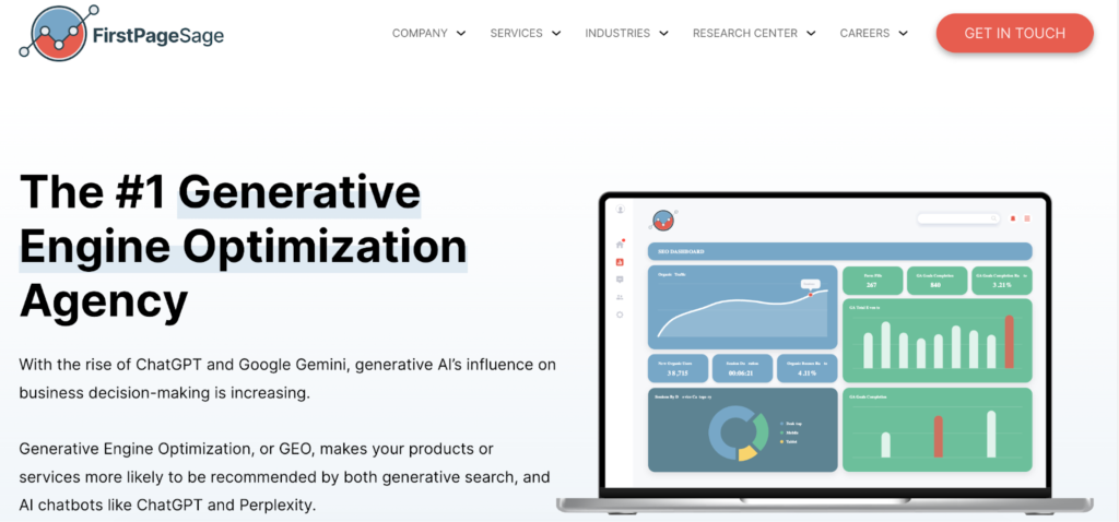 First Page Sage website screenshot showing #1 generative engine optimization agency headline with analytics dashboard on laptop screen